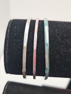 Silver Tone Mother-of-Pearl Inlay Bangle Bracelet - Pink, White, Mint
